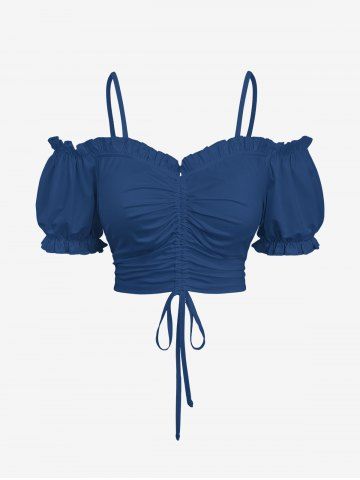 Plus Size Cold Shoulder Puff Sleeve Solid Cinched Top - BLUE - 5X