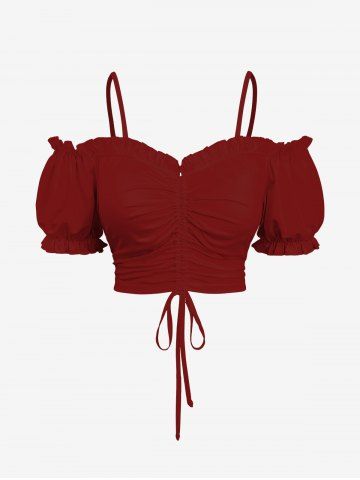 Plus Size Cold Shoulder Puff Sleeve Solid Cinched Top - RED WINE - 5X