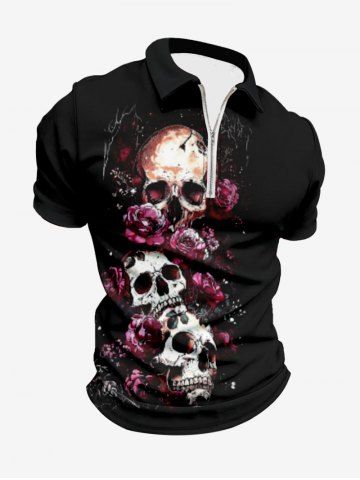 Plus Size Skull Rose Flower Print Halloween Zipper Turn-down Collar Polo Shirt For Men - BLACK - 6XL