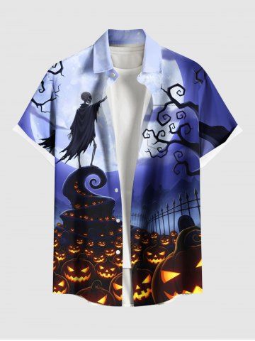 Plus Size Pumpkin Lantern Skeleton Wizard Tree Moon Print Halloween Button Pocket Shirt For Men - PURPLE - 3XL