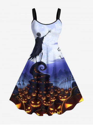 Plus Size Pumpkin Lantern Skeleton Wizard Tree Moon Print Halloween A Line Dress