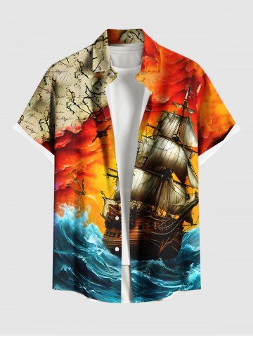 Plus Size Sea Waves Sailboat Map Print Hawaii Cruise Button Pocket Shirt For Men - ORANGE - L
