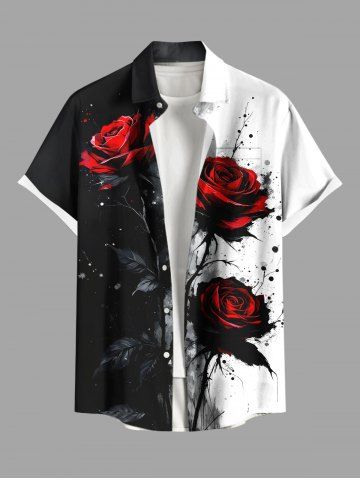 Plus Size Ink Painting Splatter Rose Flower Print Halloween Button Pocket Shirt For Men - BLACK - 4XL