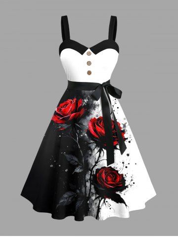 Plus Size Ink Painting Splatter Rose Flower Print Halloween Button A Line Dress with Removable Belt - BLACK - 5X