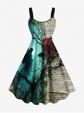 Plus Size Rose Flower Newspaper Angel Print A Line Tank Dress - LIGHT COFFEE - XXS