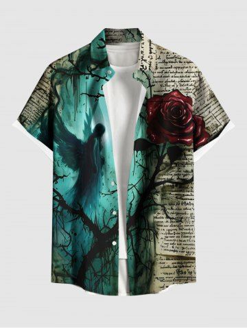 Plus Size Rose Flower Newspaper Angel Print Button Pocket Shirt For Men - LIGHT COFFEE - 6XL