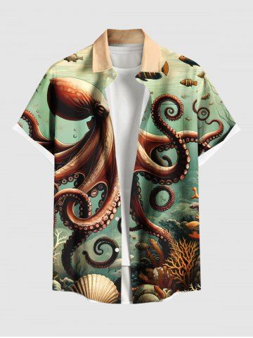 Plus Size Octopus Shell Coral Fish Print Hawaii Sea Creatures Button Pocket Shirt For Men - GREEN - 6XL