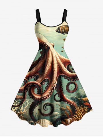 Plus Size Octopus Shell Coral Fish Print Hawaii Sea Creatures A Line Tank Dress - GREEN - XXS