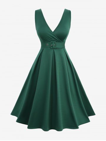 Plus Size Pleated Solid Surplice Vintage A Line Dress with Removable Belt - DEEP GREEN - L | US 12