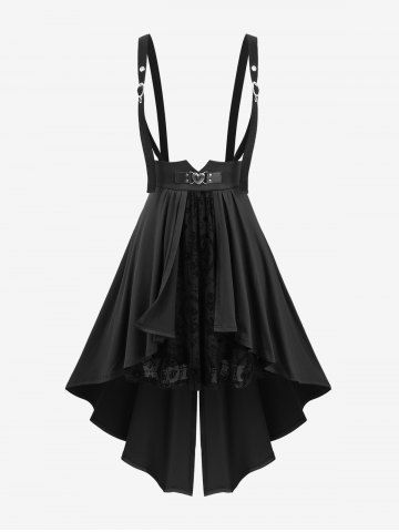 Plus Size Flowers Flocking Heart Buckle High Low Split Suspender Skirt - BLACK - 4X | US 26-28