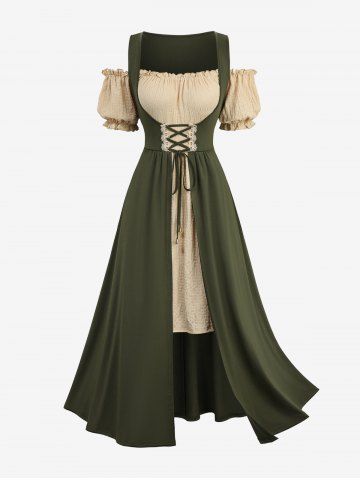 Plus Size Lace Up Plisse Ruffles Cold Shoulder 2 In 1 Vintage Dress - GREEN - 4X | US 26-28