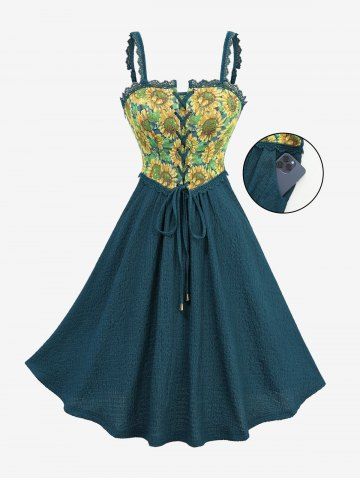 Sunflowers Print Lace Trim Lace-up Pockets Tank Dress - DEEP GREEN - XL