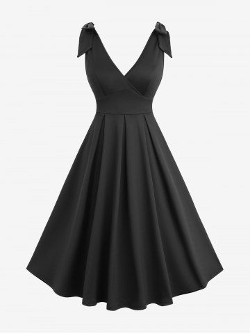 Tied Shoulder Surplice Solid Vintage A Line Dress - BLACK - S