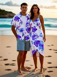 Tenue de plage hawaïenne assortie grande taille à imprimé feuilles tropicales et fleurs d'hibiscus pour couples - Blanc 