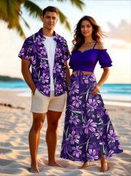 Tenue de plage hawaïenne assortie grande taille à imprimé fleurs et feuilles pour couples - Pourpre  