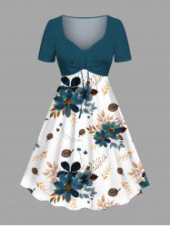 Plus Size Flowers Leaf Print Cinched Hawaii Dress -  
