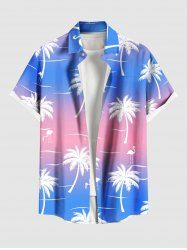 Plus Size Coconut Tree Flamingo Ombre Colorblock Print Buttons Pocket Hawaii Shirt For Men -  