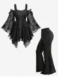 Chemisier gothique brodé d'étoiles à lacets et épaules dénudées, pantalon évasé floqué en toile d'araignée, tenue grande taille - Noir 