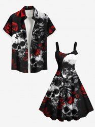 Halloween Skulls Rose Flowers Print Plus Size Matching Outfit For Couples -  