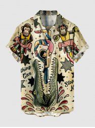 Plus Size Acrobatics Monkey Girl Crocodile Star Print Buttons Pocket Hawaii Shirt For Men -  