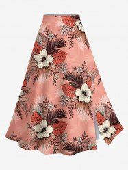 Jupe hawaïenne fendue grande taille à imprimé feuilles tropicales et fleurs d'hibiscus - Rose clair M