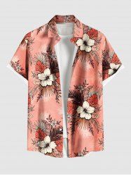 Plus Size Hibiscus Flowers Tropical Leaf Print Buttons Pocket Hawaii Shirt For Men -  
