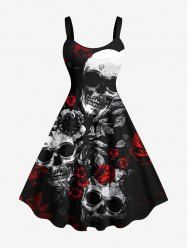 Plus Size Halloween Skulls Rose Flowers Print Tank Dress -  