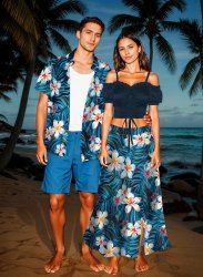 Hibiscus Flowers Tropical Leaf Print Plus Size Matching Hawaii Beach Outfit For Couples -  