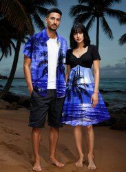 Coconut Tree Boat Seascape Cloud Print Plus Size Matching Hawaii Beach Outfit For Couples -  