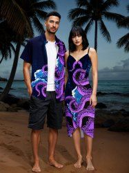 Tenue de plage hawaïenne assortie grande taille à imprimé vagues de poulpe pour couples - Concorde 