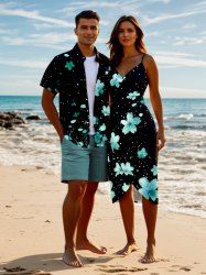 Tenue de plage hawaïenne assortie grande taille à imprimé galaxie et pétales de fleurs ombrés pour couples - Noir 