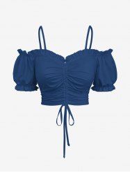 Haut cintré uni à épaules dénudées et manches bouffantes grande taille - Bleu L