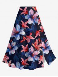 Jupe trapèze fendue hawaïenne grande taille à imprimé feuilles et fleurs d'hibiscus - Noir 4X