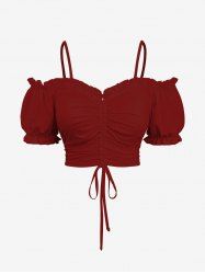 Plus Size Cold Shoulder Puff Sleeve Solid Cinched Top - Rouge Vineux 2X