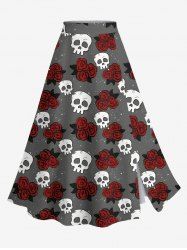 Jupe trapèze fendue grande taille à imprimé tête de mort et roses pour Halloween - Gris Foncé 3X