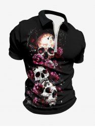 Polo grande taille à col rabattu et fermeture éclair pour homme, imprimé tête de mort et rose, idéal pour Halloween - Noir L