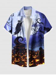 Chemise grande taille à imprimé citrouille, lanterne, squelette, arbre, lune, Halloween, boutonnée, poche, pour homme - Pourpre  4XL