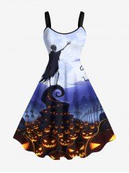 Plus Size Pumpkin Lantern Skeleton Wizard Tree Moon Print Halloween A Line Dress -  