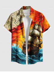 Plus Size Sea Waves Sailboat Map Print Hawaii Cruise Button Pocket Shirt For Men -  