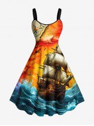 Robe débardeur grande taille à imprimé vagues et voiliers, style croisière hawaïenne - Orange 6X