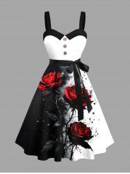 Plus Size Ink Painting Splatter Rose Flower Print Halloween Button A Line Dress with Removable Belt -  