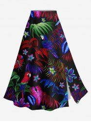 Plus Size Ombre Tropical Leaf Hibiscus Flower Parrot Print Hawaii Split A Line Skirt - Noir 6X