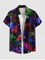 Plus Size Ombre Tropical Leaf Hibiscus Flower Parrot Print Hawaii Button Pocket Shirt For Men -  