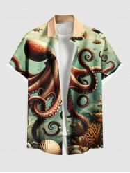 Plus Size Octopus Shell Coral Fish Print Hawaii Sea Creatures Button Pocket Shirt For Men -  