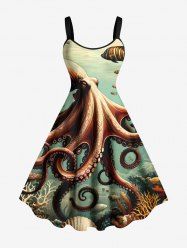 Robe trapèze grande taille à imprimé coquillage de poulpe, corail et poisson, créatures marines hawaïennes - Vert 6X