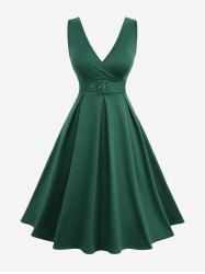 Plus Size Pleated Solid Surplice Vintage A Line Dress with Removable Belt -  