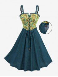 Sunflowers Print Lace Trim Lace-up Pockets Tank Dress -  