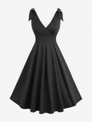 Tied Shoulder Surplice Solid Vintage A Line Dress -  