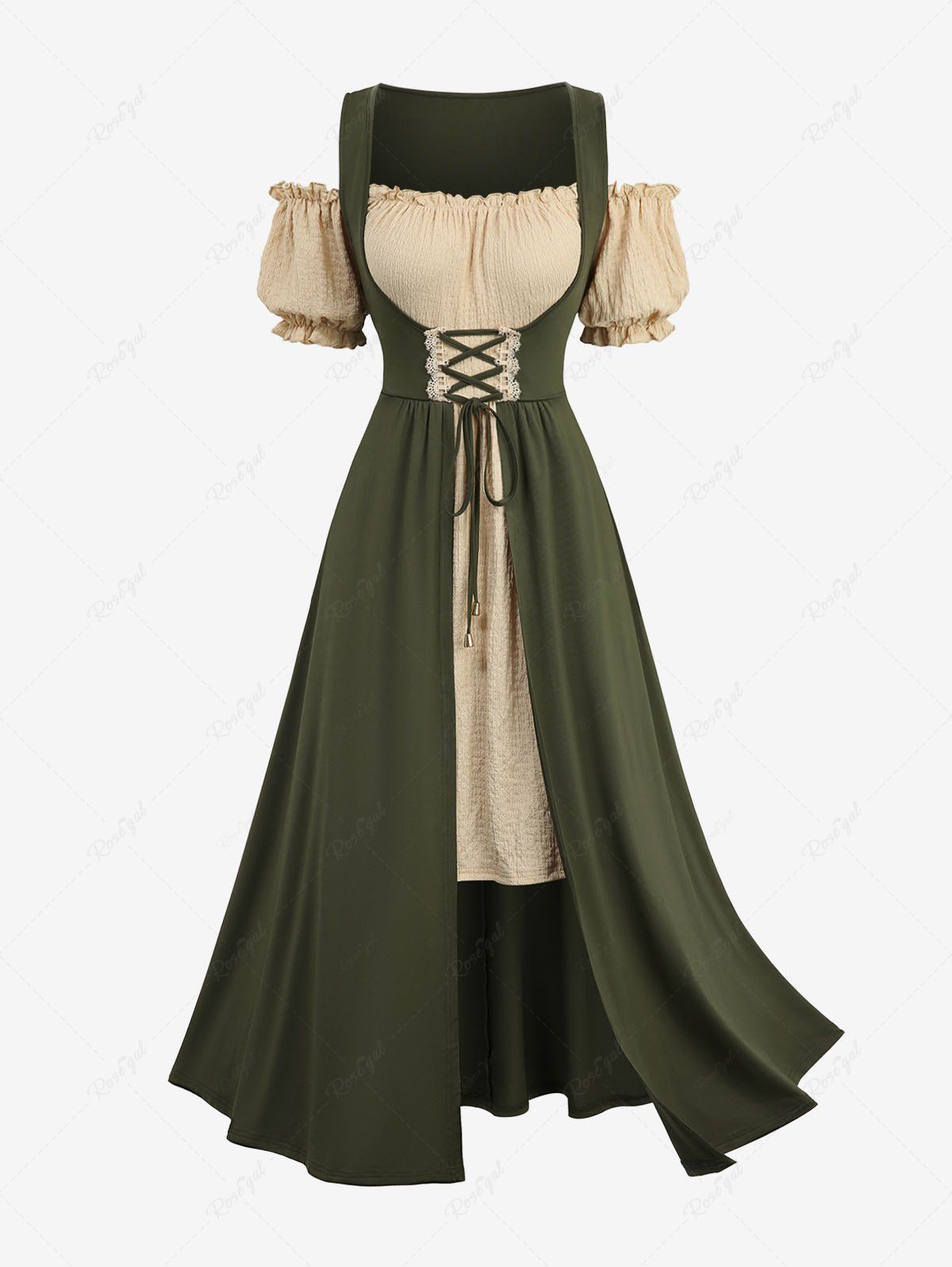 Robe vintage 2 en 1 style Renaissance médiévale grande taille, à lacets, plissée, volants, épaules dénudées Vert 5x | US 30-32