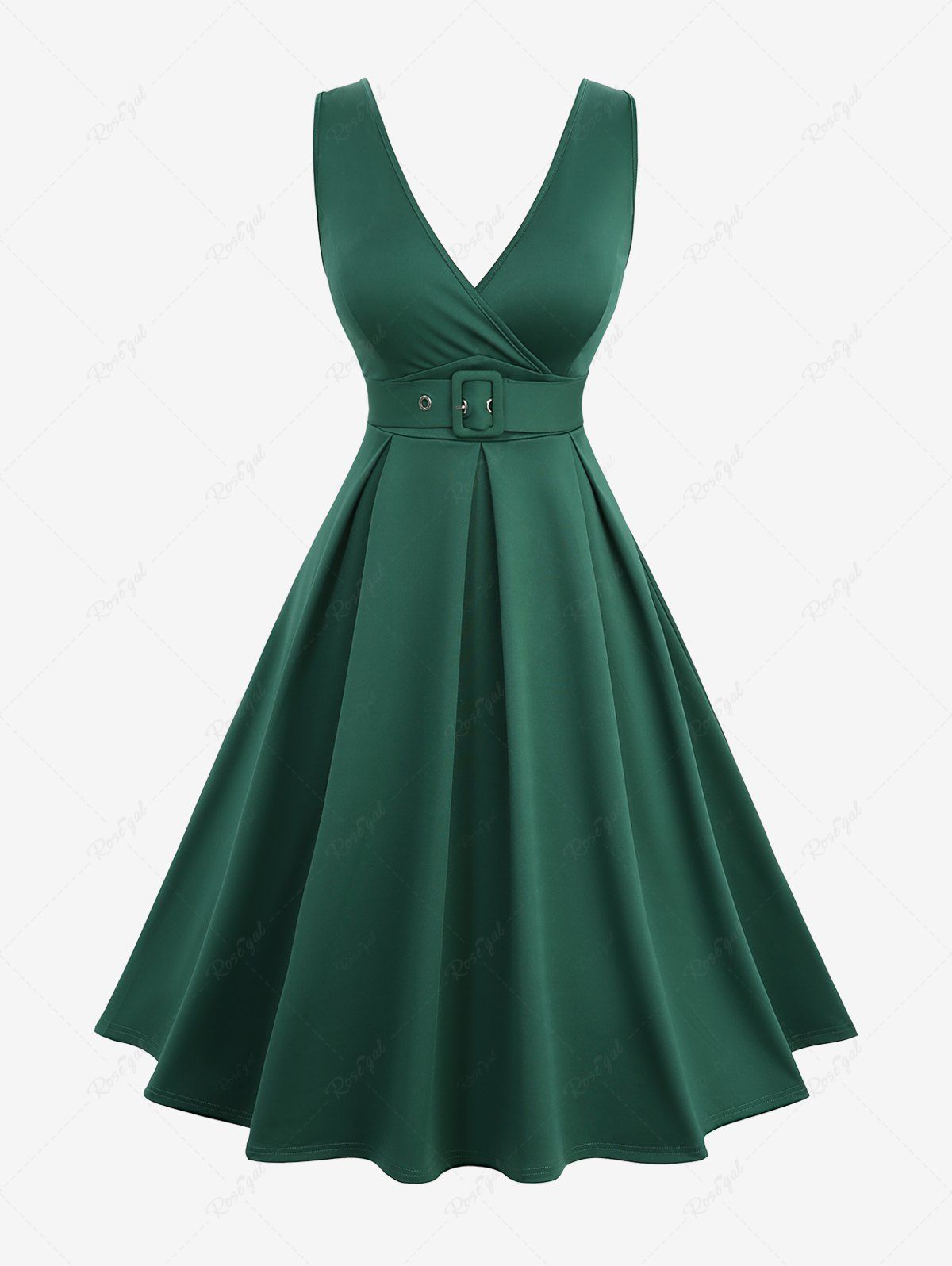 Robe trapèze vintage plissée grande taille à surplis uni avec ceinture amovible Vert profond 2X | US 18-20